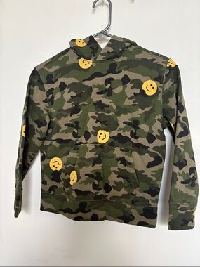 Old Navy Green Camo Hoodie with Yellow Smiley Accents